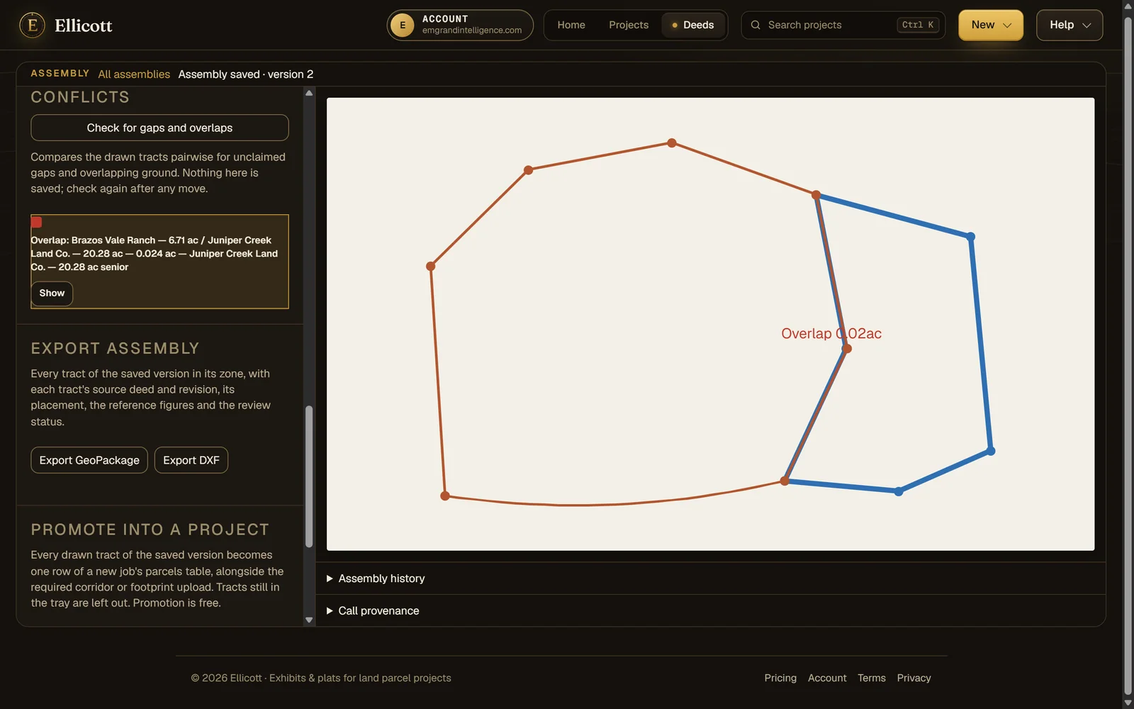 Two adjoining deeds assembled, with an overlap sliver of two hundredths of an acre found along their shared line.