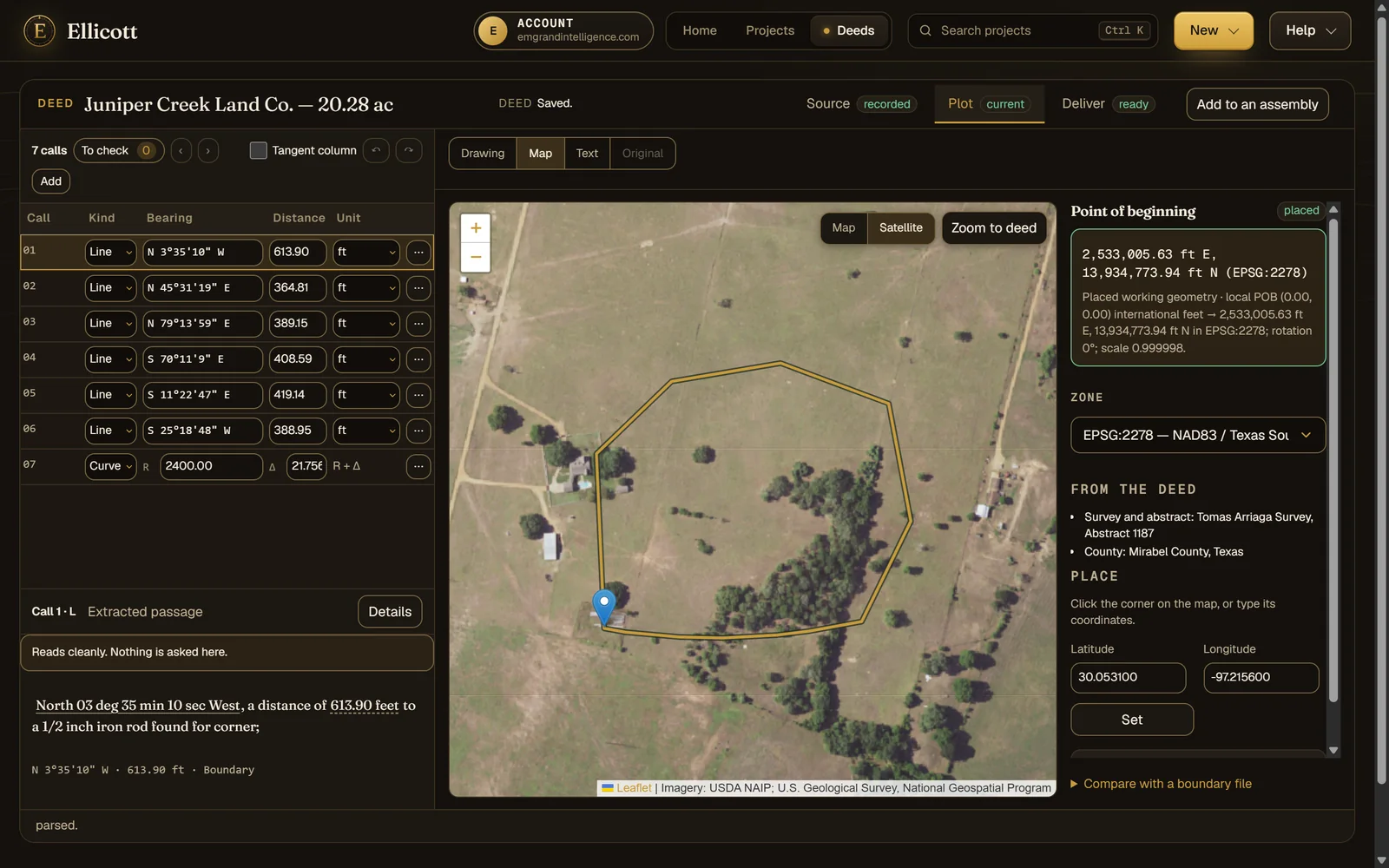 The demonstration tract drawn over aerial imagery with its point of beginning and state plane coordinates.