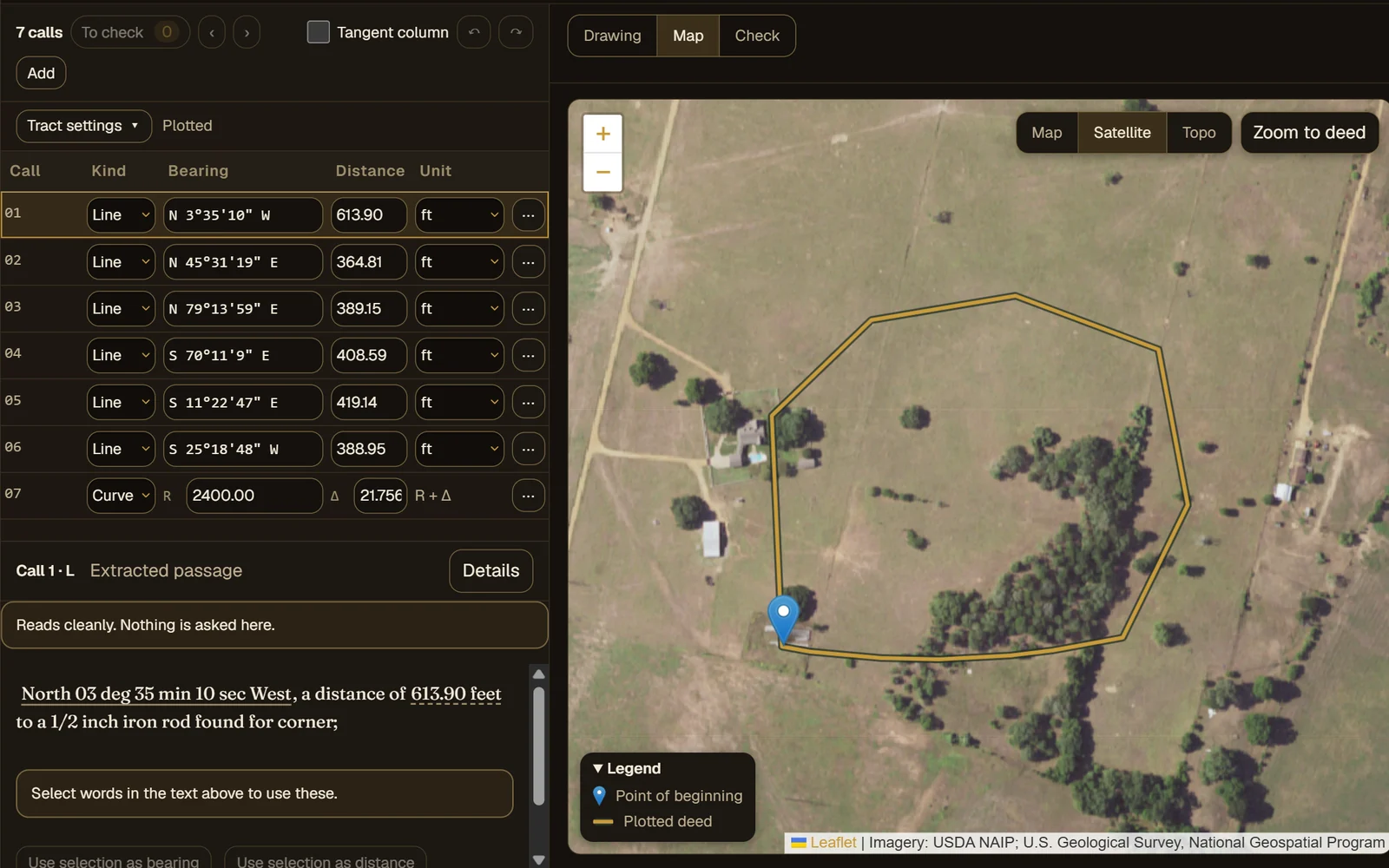 A plotted demonstration tract drawn over aerial imagery, beside the call table it was plotted from.