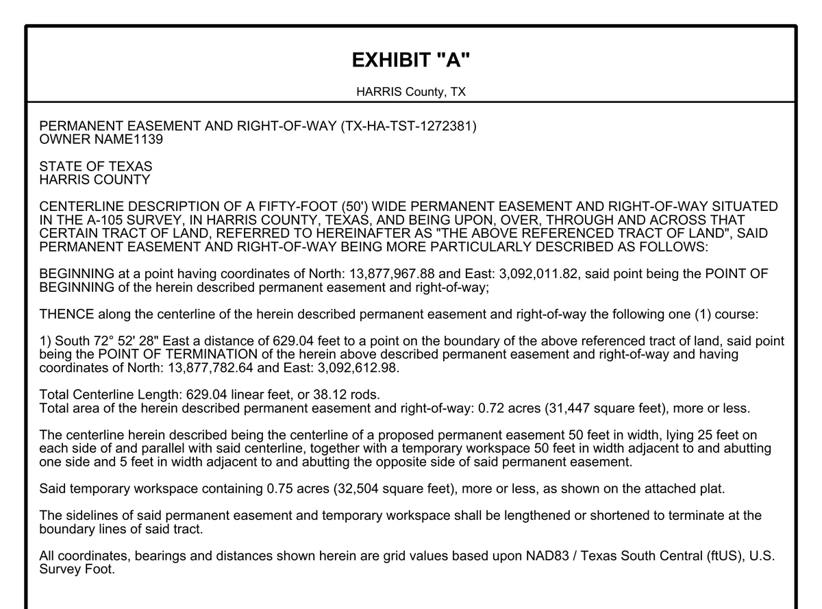 A generated Exhibit A centerline description for a fifty-foot permanent easement.