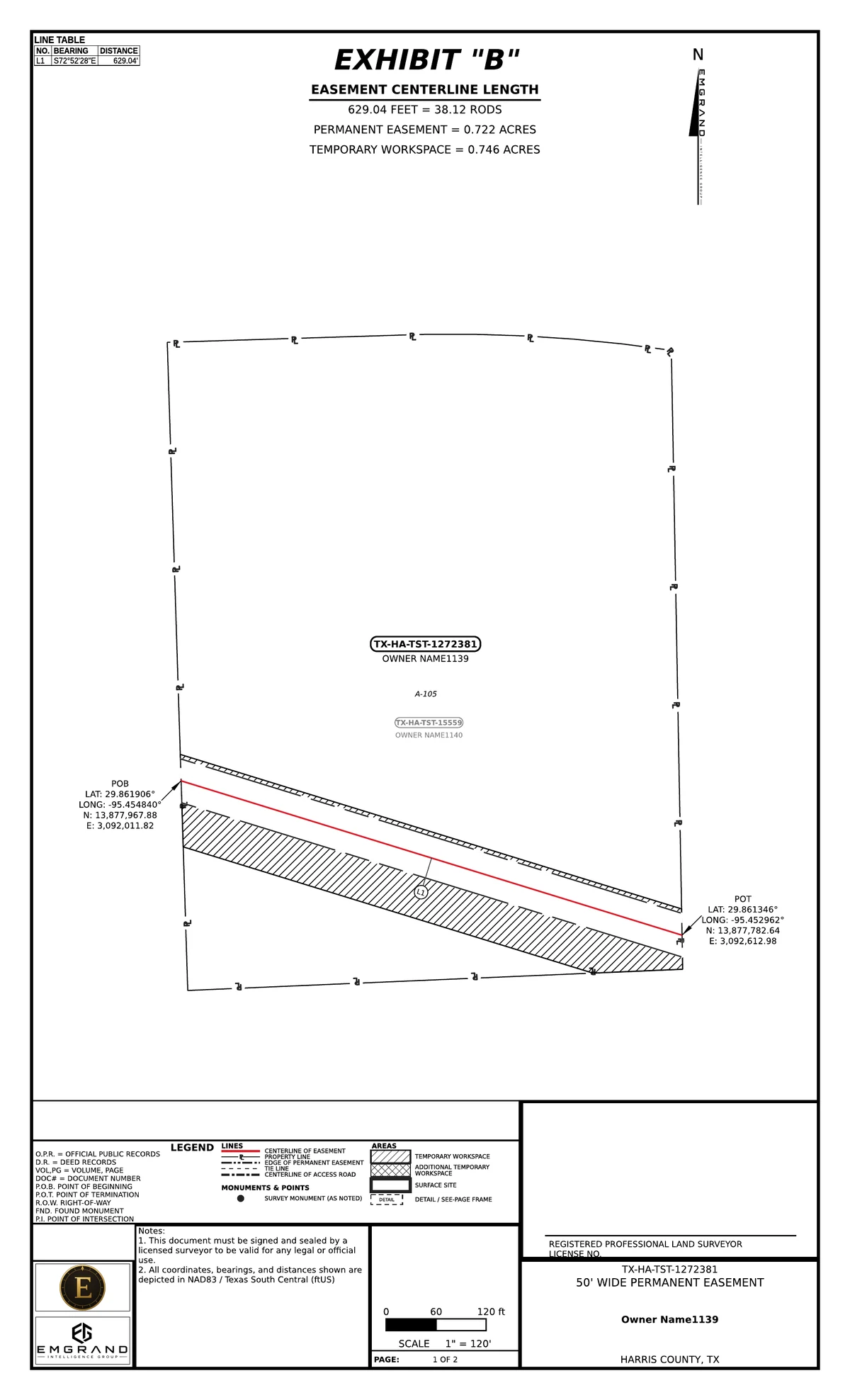 A generated easement exhibit: exhibit title, centerline length and acreages, the parcel with its easement strip, a line table, legend and title block.